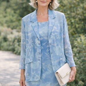 Vintage 90s Joseph Ribkoff Blue Floral 2 Pc Dress Jacket Set Sz 16 Botanical EUC